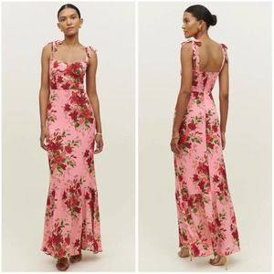 REFORMATION Jasen Dress, Floral Maxi Bow Shoulder Gown, Valeria Pink